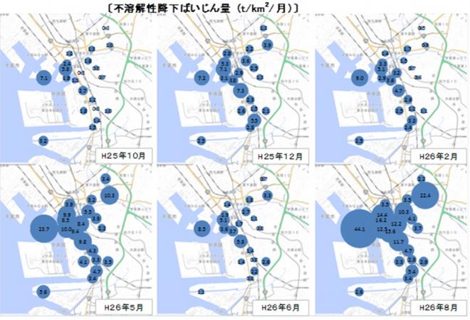 不溶性降下ばいじん量の分布図