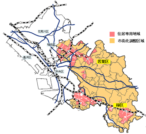 特区民泊が実施できるのは図中のピンク・オレンジ色のエリア